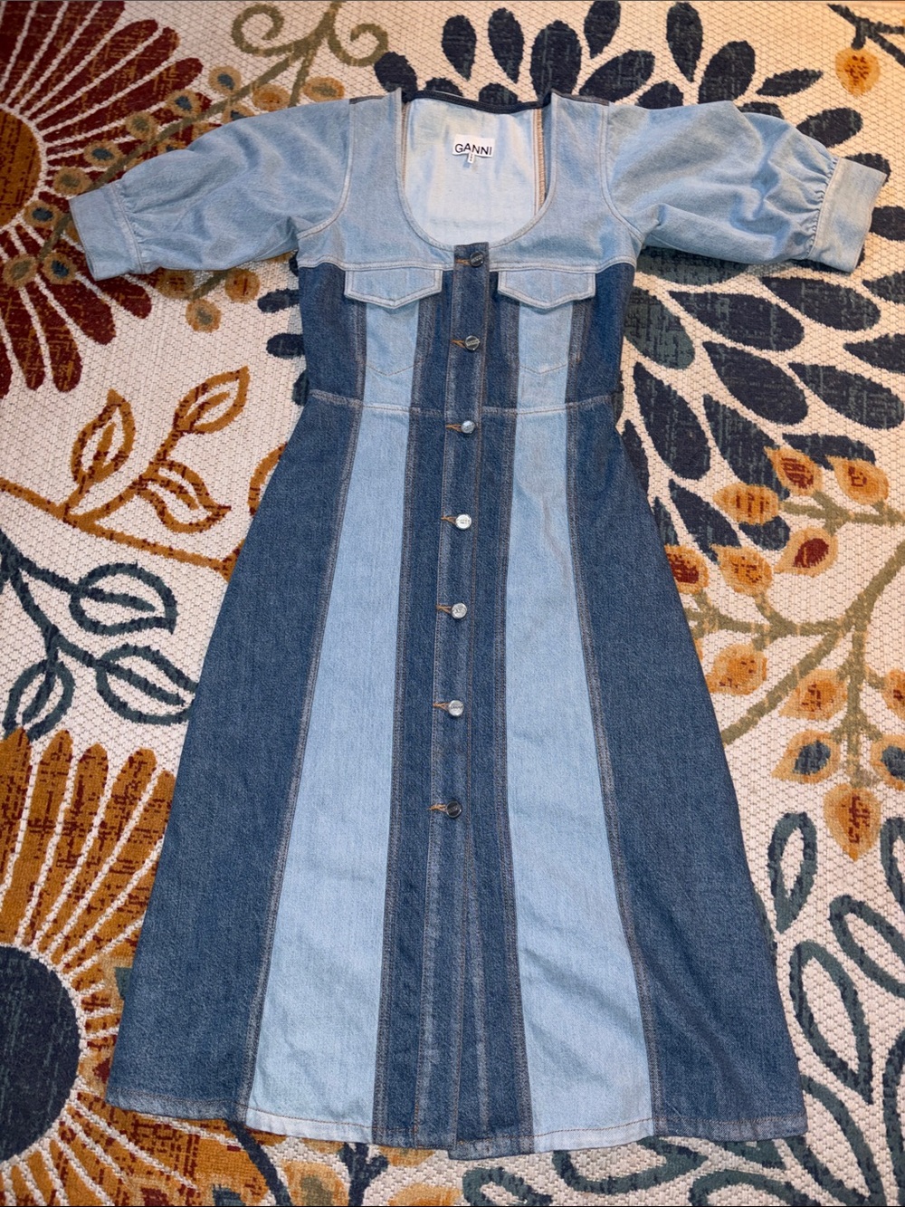 Ganni Two-Tone Blue Denim Button-Front Dress Size 34